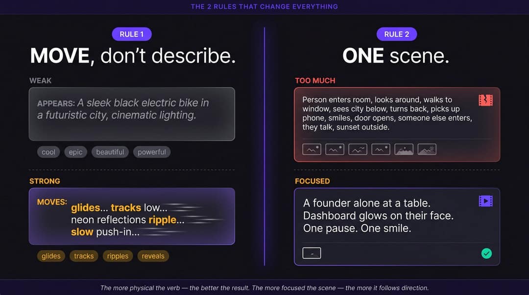 Two prompting rules: describe motion with physical verbs, and keep one focused scene per generation