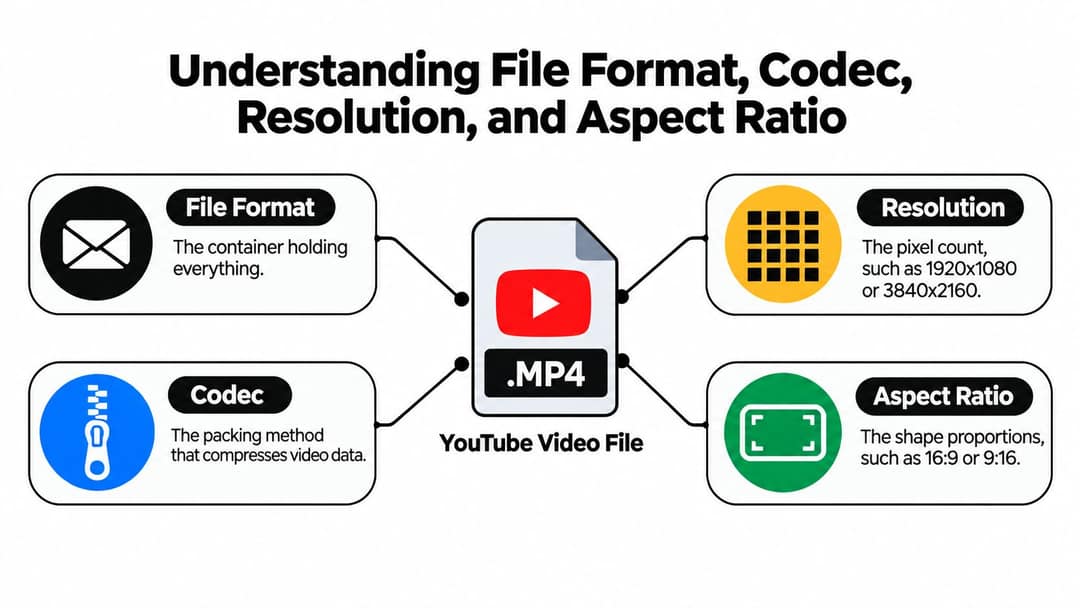 A diagram explaining video file format, codec, resolution, and aspect ratio for a YouTube video file.