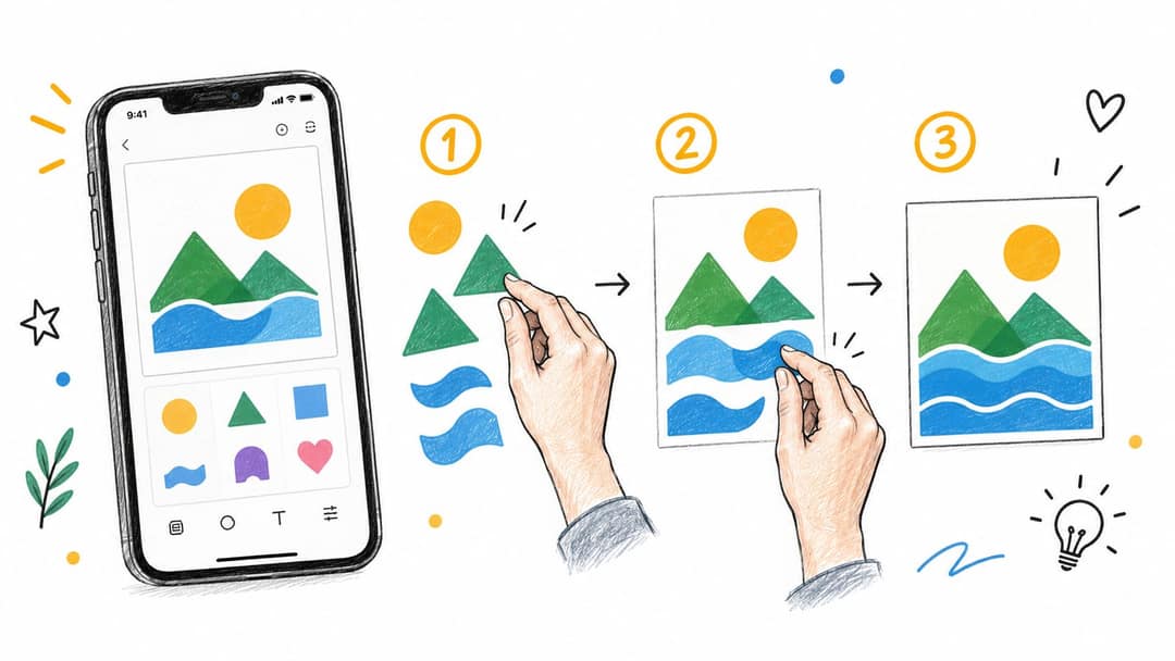 A hand-drawn illustration showing the three-step process of creating a custom sticker design on a smartphone app.