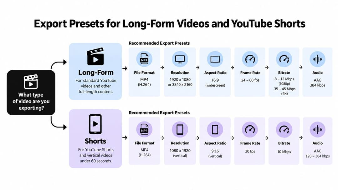 A chart showing recommended export settings for long-form YouTube videos and vertical YouTube Shorts content.