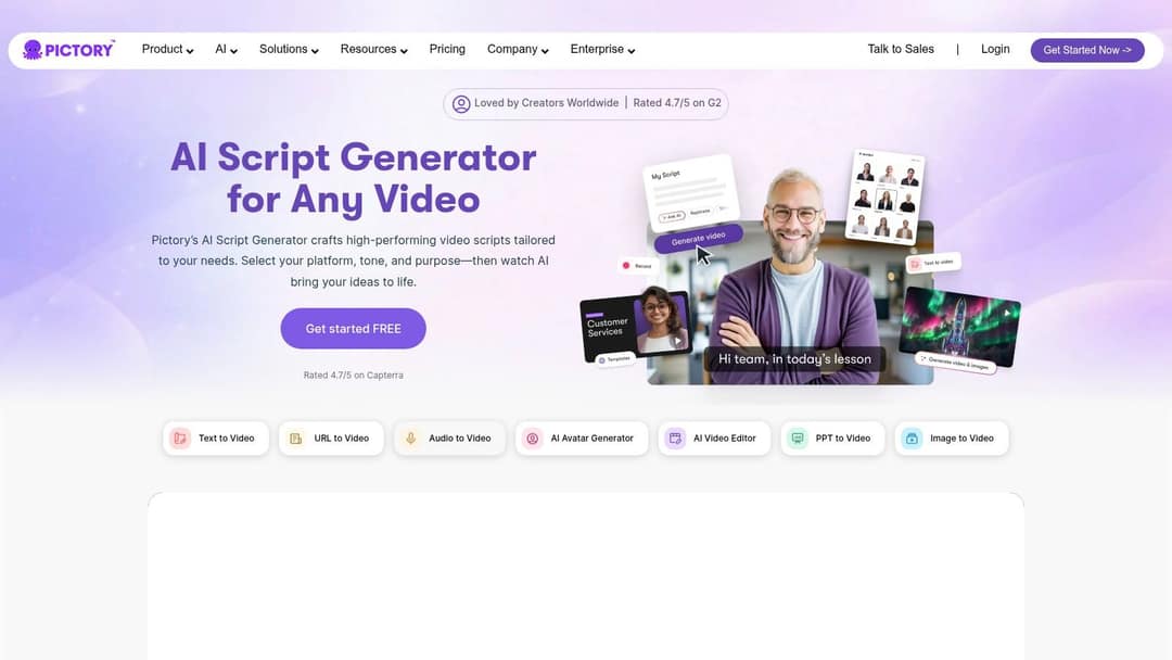 Pictory AI Script Generator page with text, URL and audio to video options