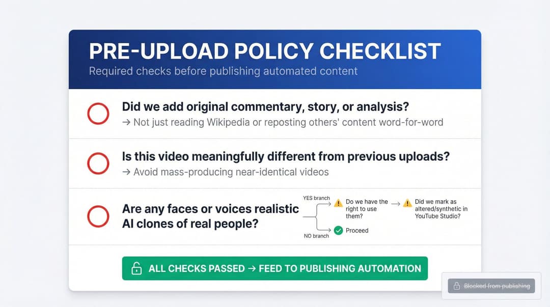 Pre-upload checklist: original commentary, difference from past uploads, permission and disclosure for realistic AI