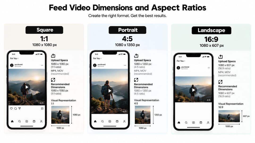 A guide showing recommended aspect ratios and pixel dimensions for square, portrait, and landscape Instagram feed videos.