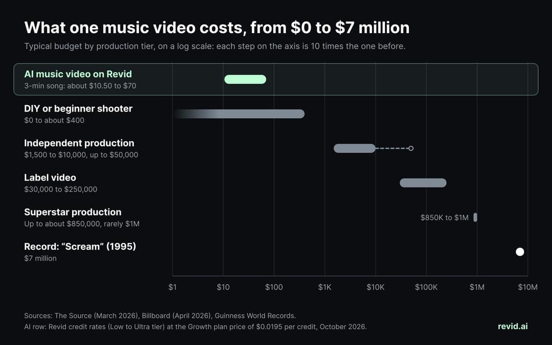 Log-scale chart of one music video's cost: AI music video on Revid about $10.50 to $70, DIY $0 to about $400, independent $1,500 to $10,000 and up to $50,000, label $30,000 to $250,000, superstar up to about $1 million, record $7 million