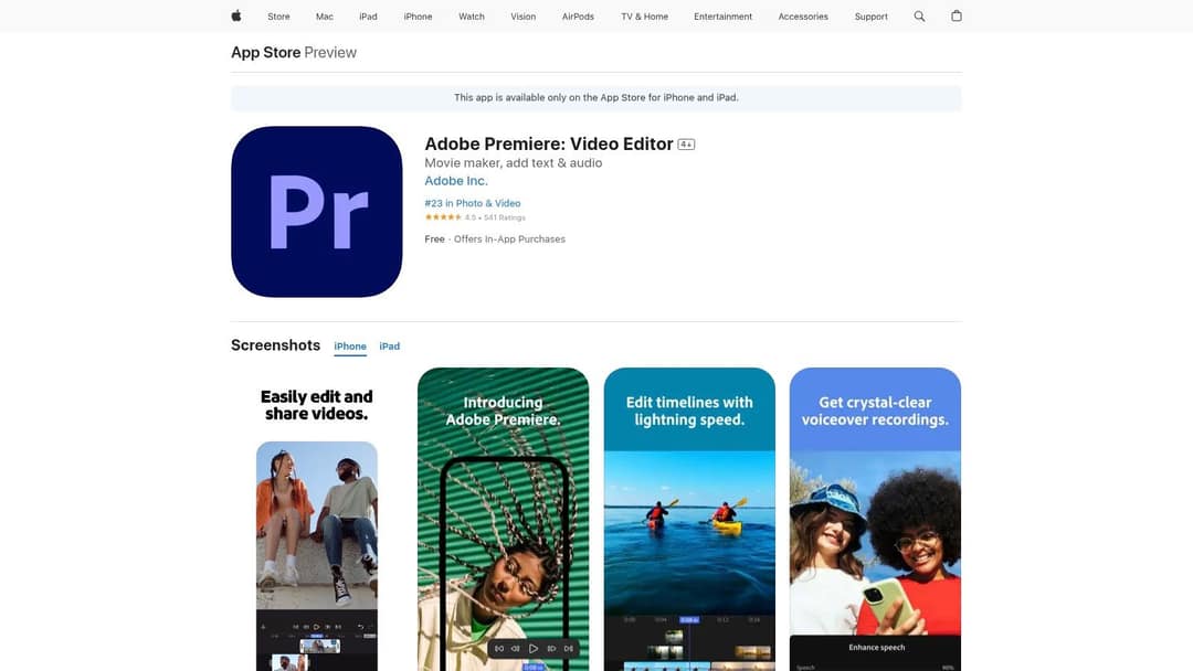 Adobe Premiere video editor App Store page with iPhone screenshots of the editing timeline
