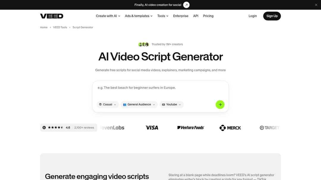 VEED AI Video Script Generator with tone, audience and platform dropdowns