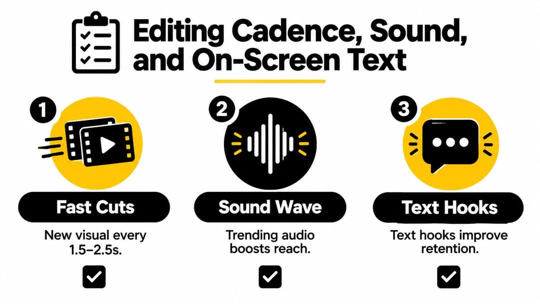 A checklist infographic illustrating key elements for viral video success: fast cuts, trending audio, and text hooks.