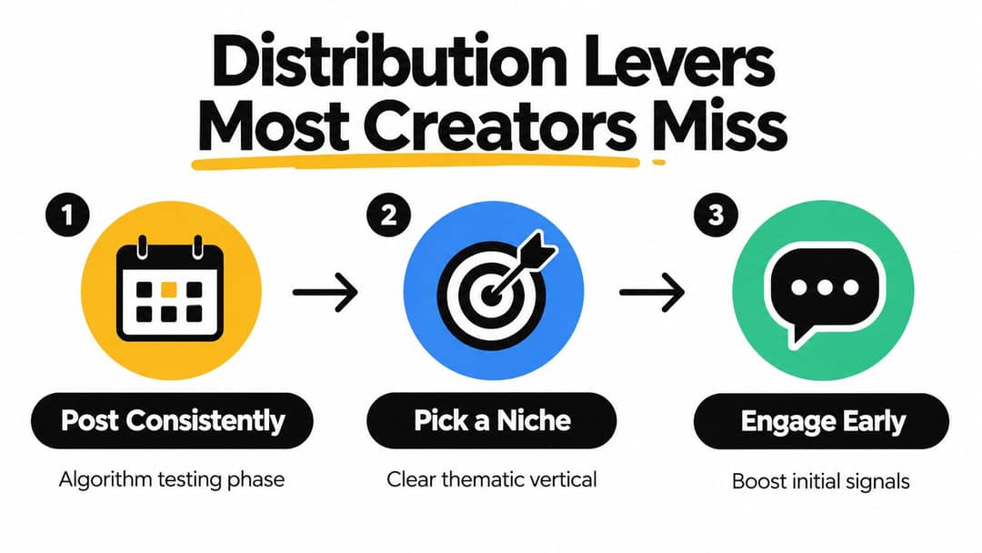 A visual guide titled Distribution Levers Most Creators Miss featuring three numbered steps for growth.