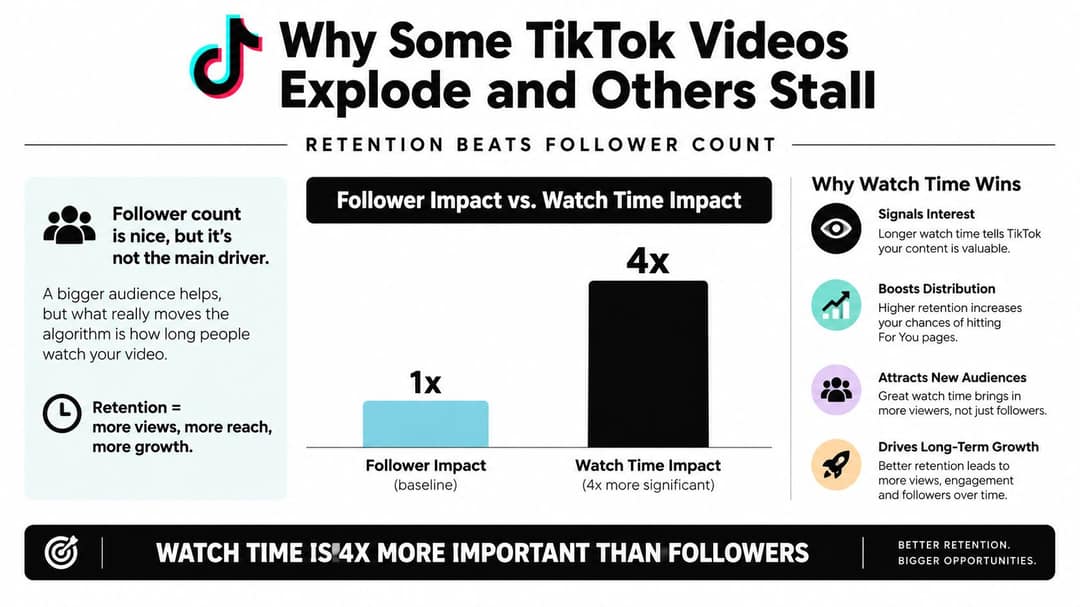 An infographic showing that TikTok video retention is four times more important than follower count for viral growth.