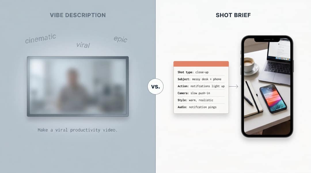 Vague vibe prompt producing a blurry frame vs a shot brief producing a clear phone-on-desk shot