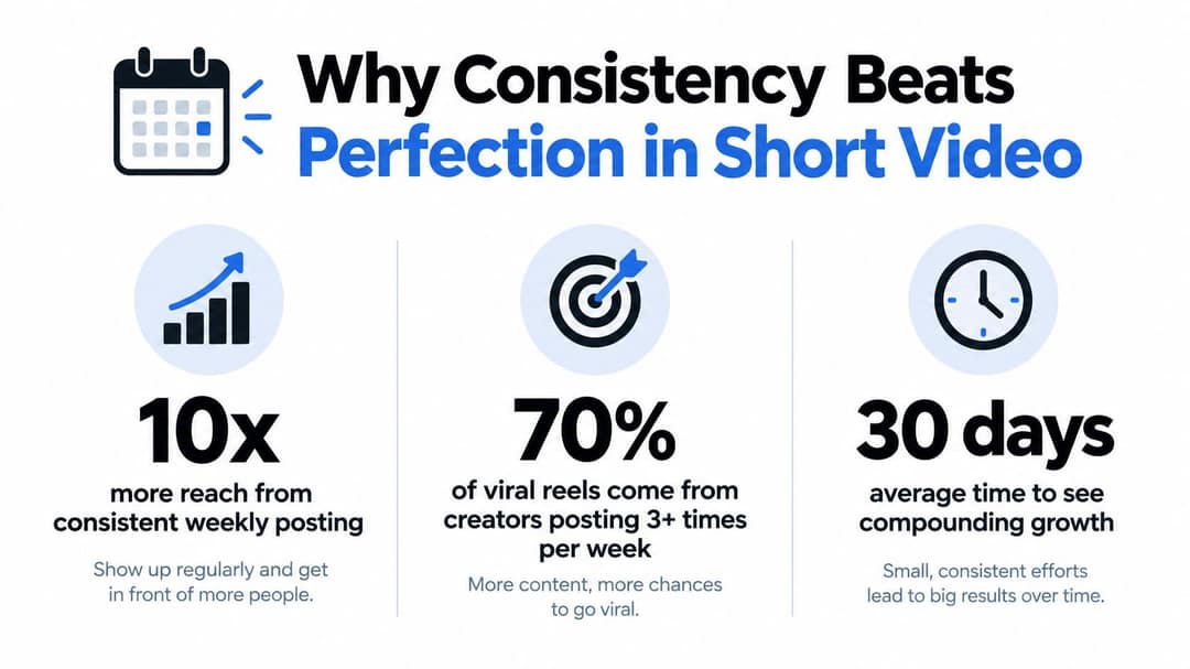 An infographic showing that consistency is more effective than perfection for growing reach with short videos.