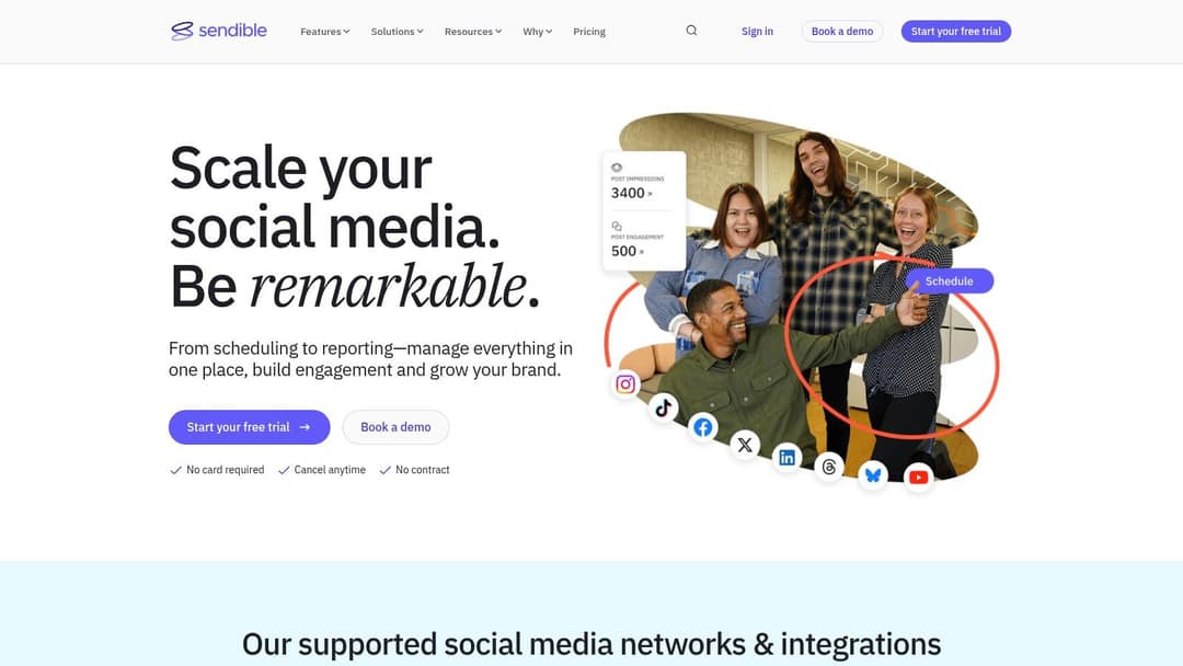 Sendible homepage listing supported networks including Instagram, TikTok, Facebook, X, LinkedIn, Threads, Bluesky and YouTube