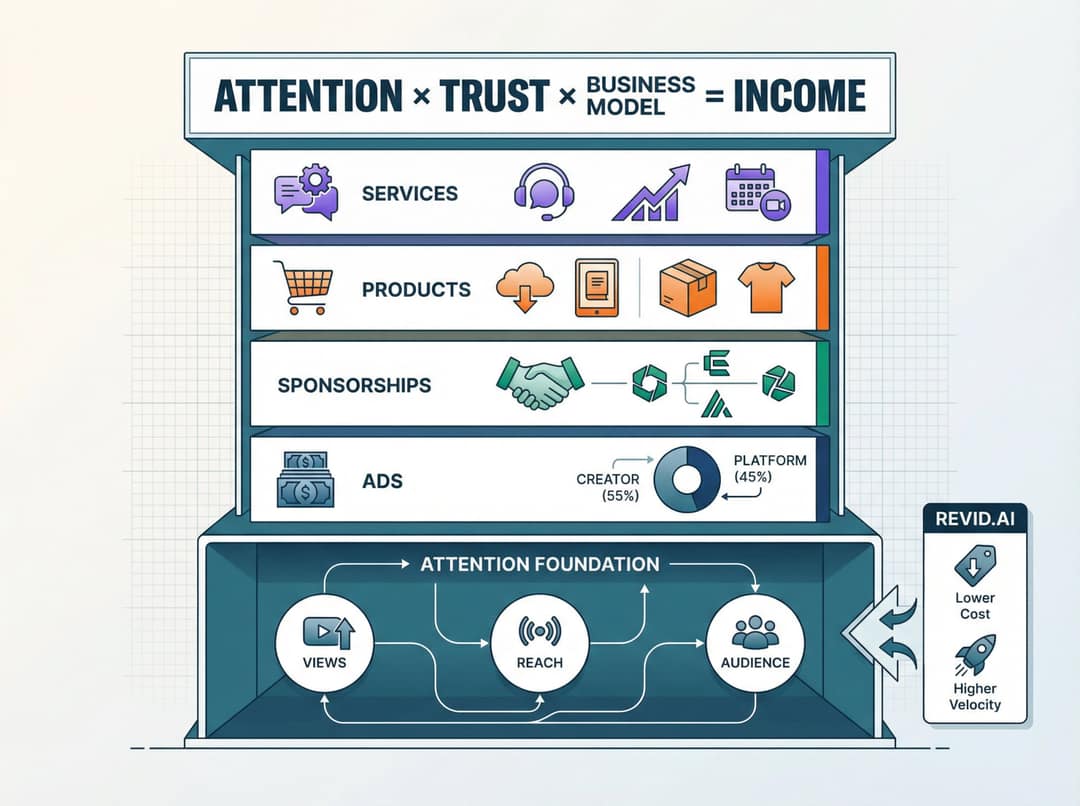 Diagram of a creator's revenue layers built on top of audience attention: ads, sponsors, products and services
