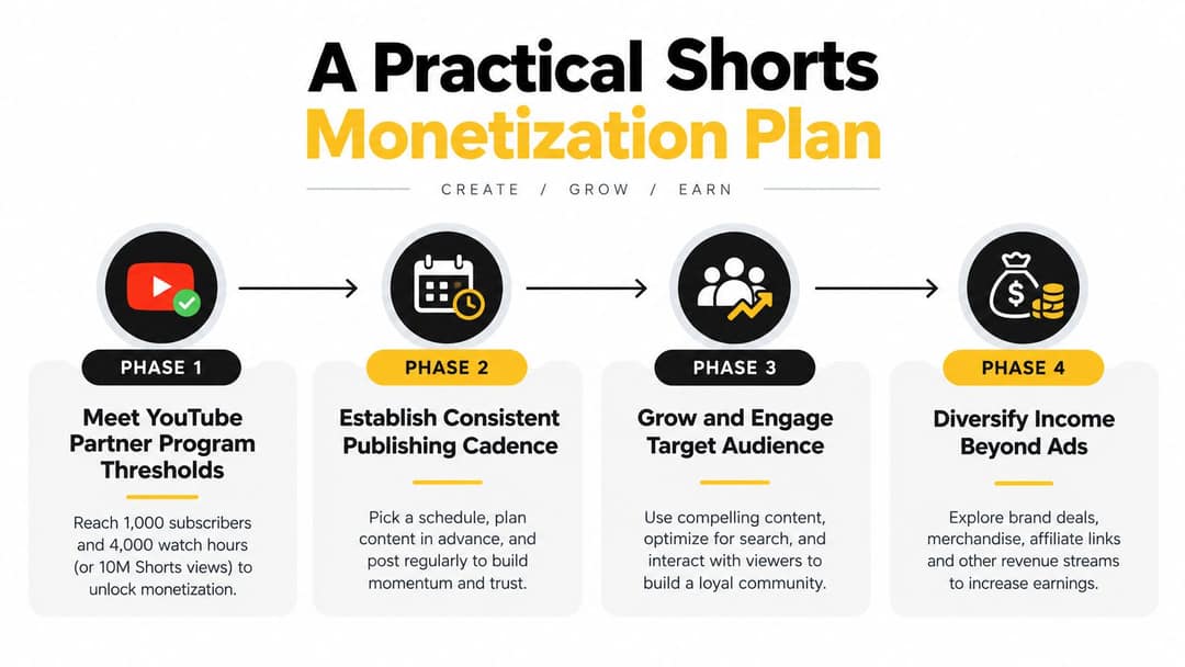 Four-phase Shorts monetization plan: meet YPP thresholds, publish consistently, grow audience, diversify income
