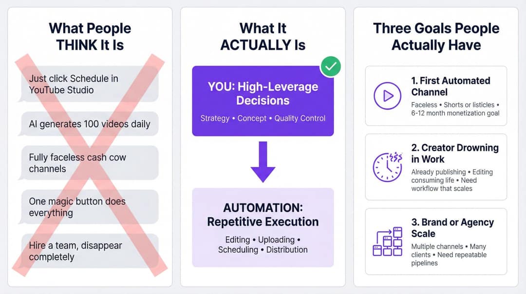Infographic contrasting YouTube automation myths with the reality: human decisions plus automated execution