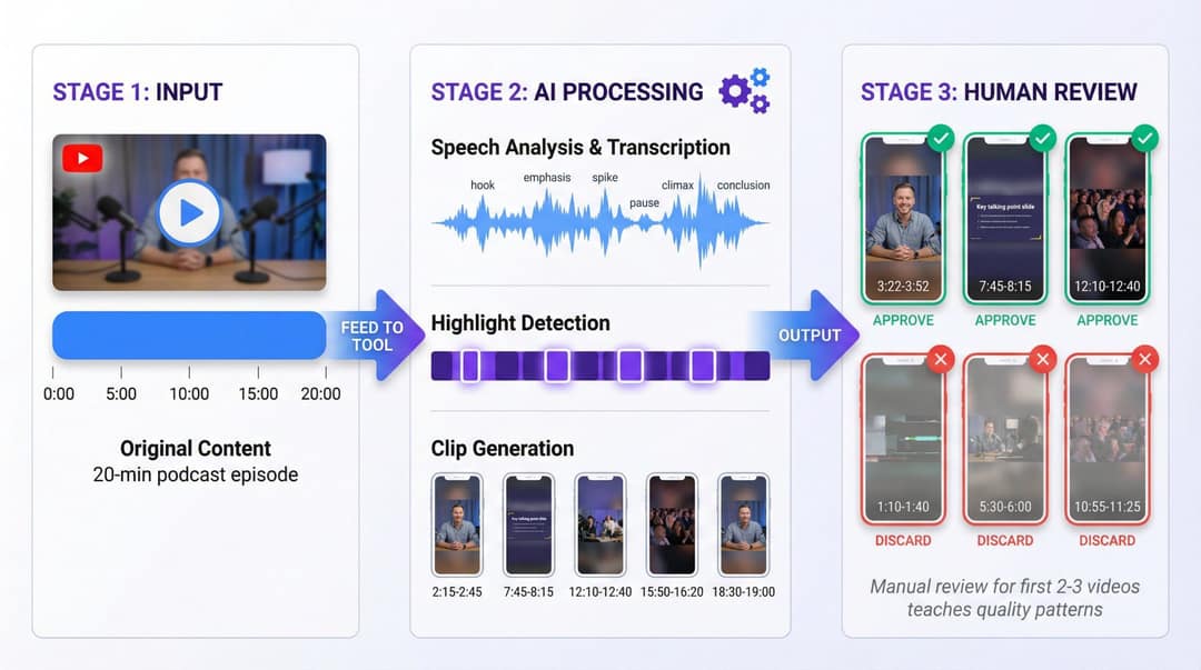 Three-stage flow: a 20-minute podcast fed to an AI tool, highlights detected, clips approved or discarded by a human