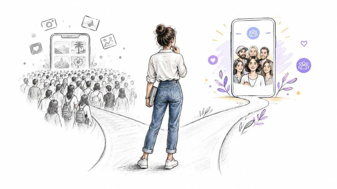A woman stands at a fork in the road choosing between social media platforms and personal community.