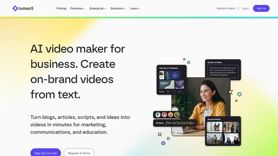Lumen5 homepage describing an AI video maker that creates on-brand videos from text