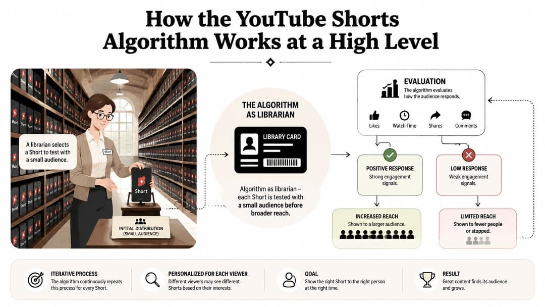 Infographic: a Short is tested on a small audience, then gets wider or limited reach based on viewer response