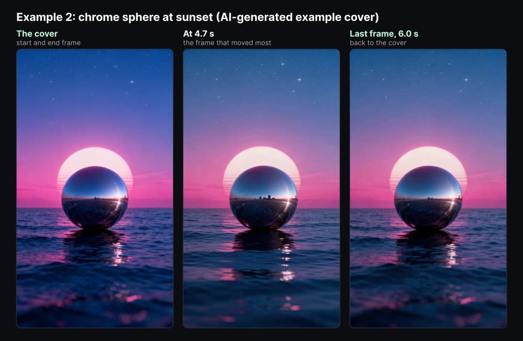 The chrome sphere cover next to the frame that moved most, at 4.7 seconds, where the reflection shows taller buildings, and the last frame at 6.0 seconds