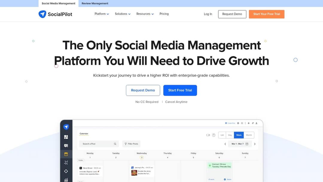 SocialPilot homepage showing a weekly content calendar with scheduled posts
