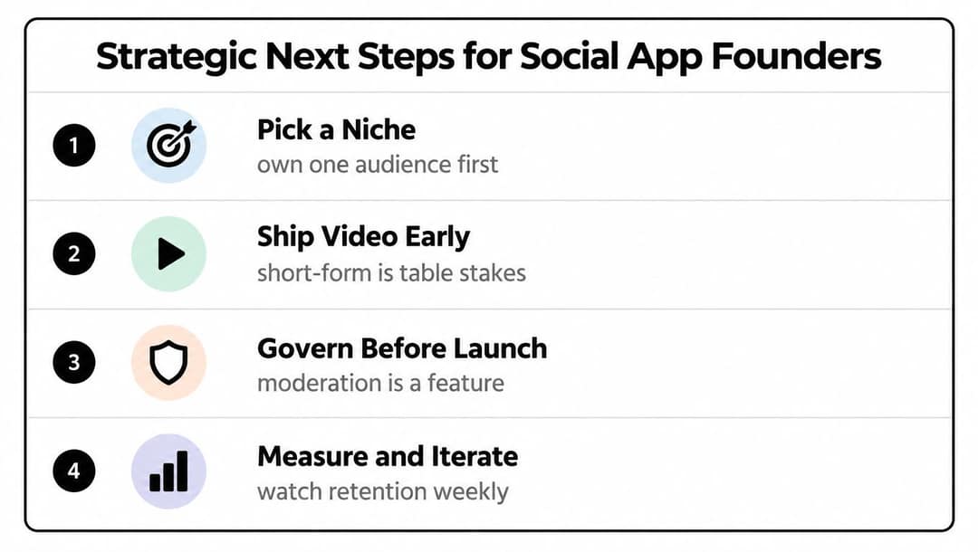A strategic infographic outlining four essential next steps for social app founders to achieve growth and success.