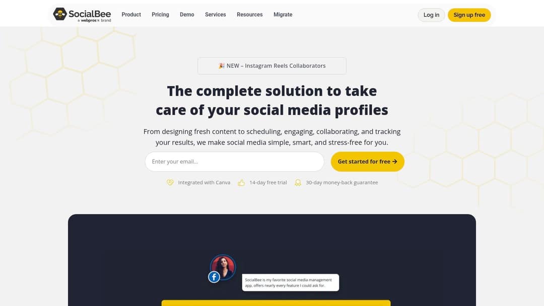SocialBee homepage headline about taking care of social media profiles, with an email signup field