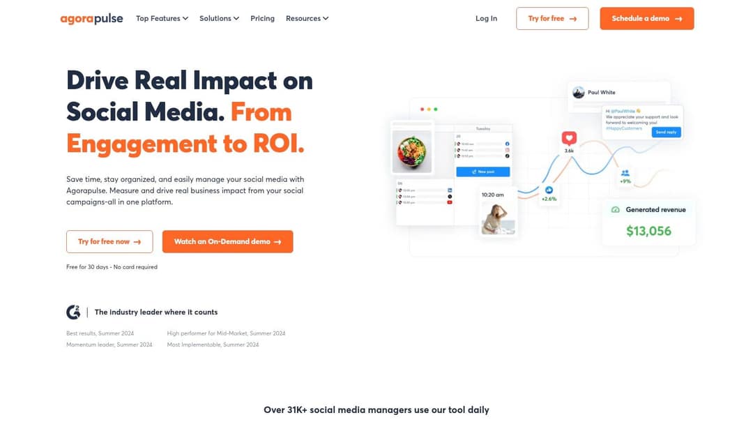 Agorapulse homepage showing a social inbox reply, scheduled posts and a generated revenue card