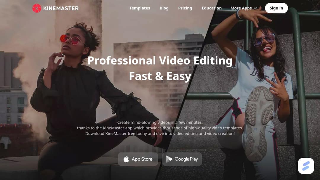 KineMaster homepage with App Store and Google Play download buttons