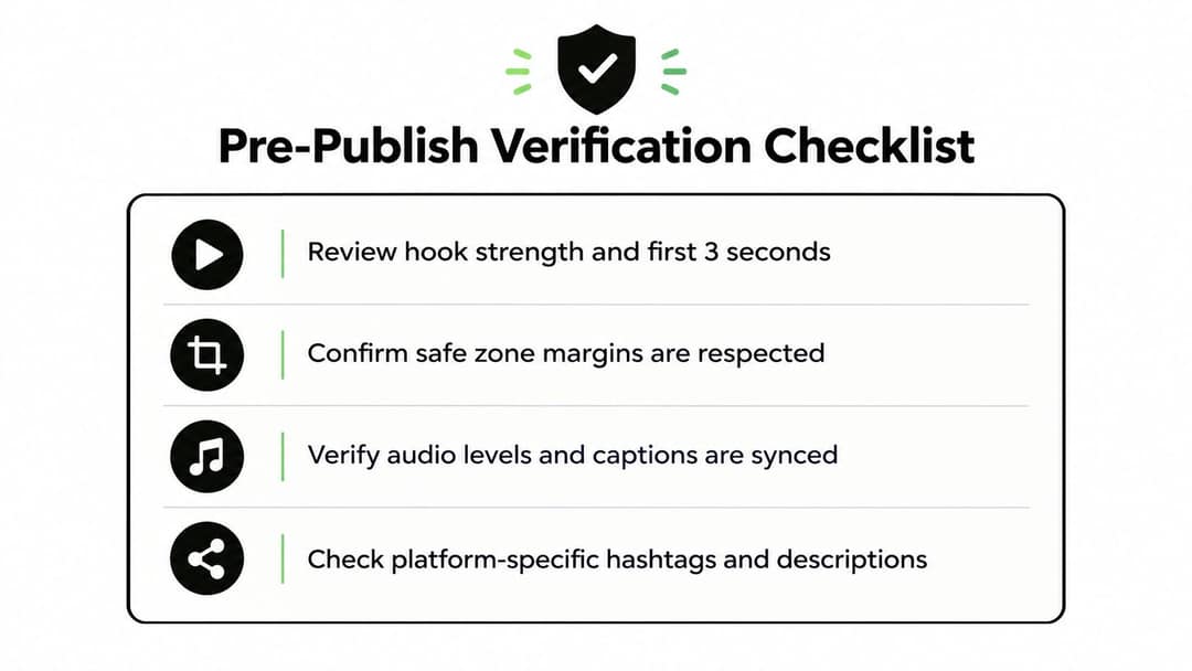 A pre-publish verification checklist for social media content featuring four essential steps for video optimization.
