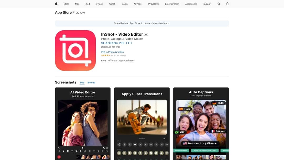 InShot Video Editor App Store page showing transition and auto caption screenshots
