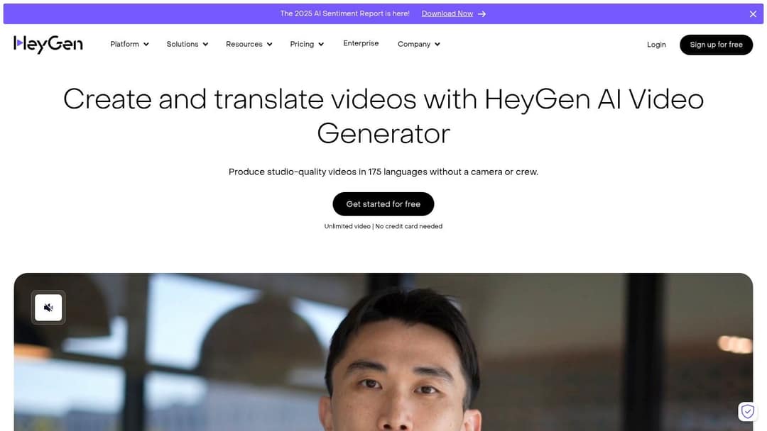 HeyGen homepage for creating and translating videos with an AI video generator