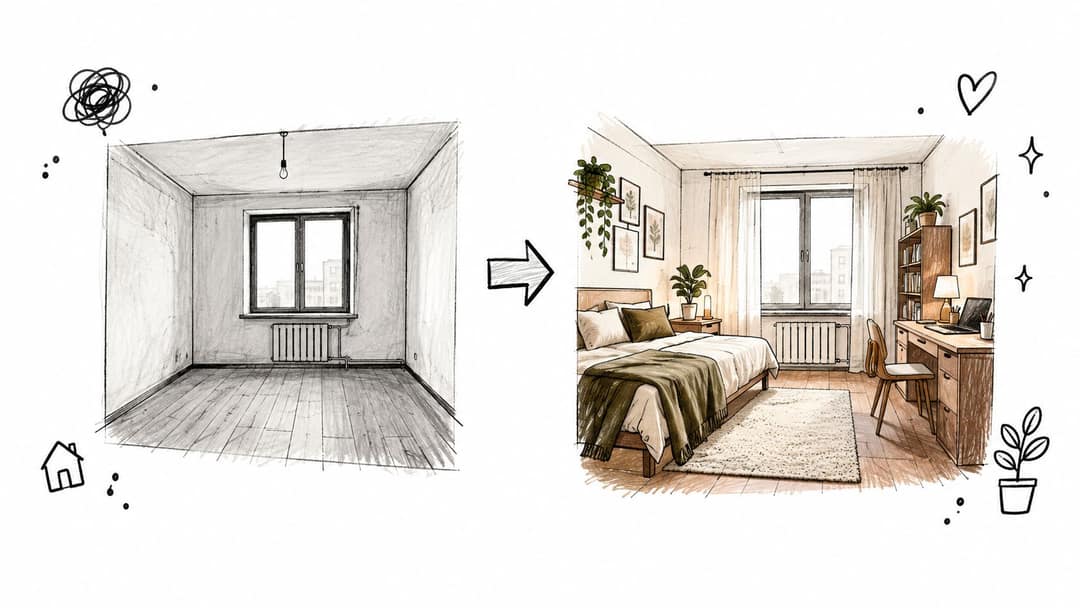 A split-screen sketch showing an empty room transforming into a cozy, fully furnished bedroom and home office.