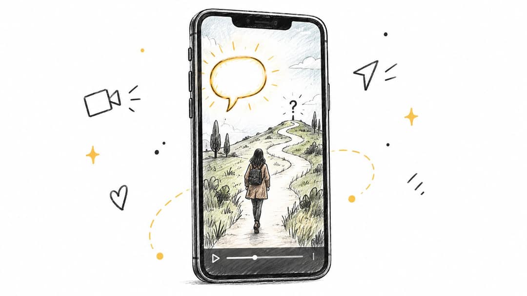 A smartphone screen displaying a sketch of a person walking up a path toward a question mark.