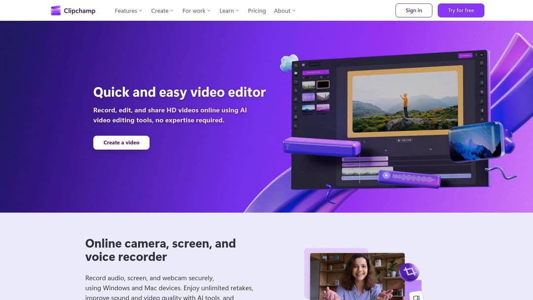 Clipchamp homepage presenting a quick and easy browser-based video editor