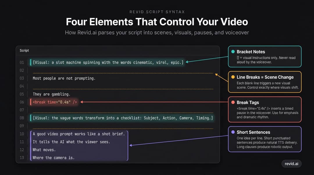 Revid script syntax: bracket visual notes, blank lines as scene changes, break tags for pauses, short sentences