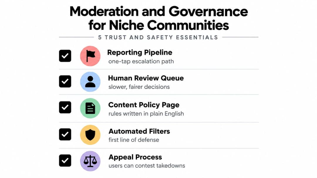 A checklist infographic titled Moderation and Governance for Niche Communities listing five essential trust and safety strategies.