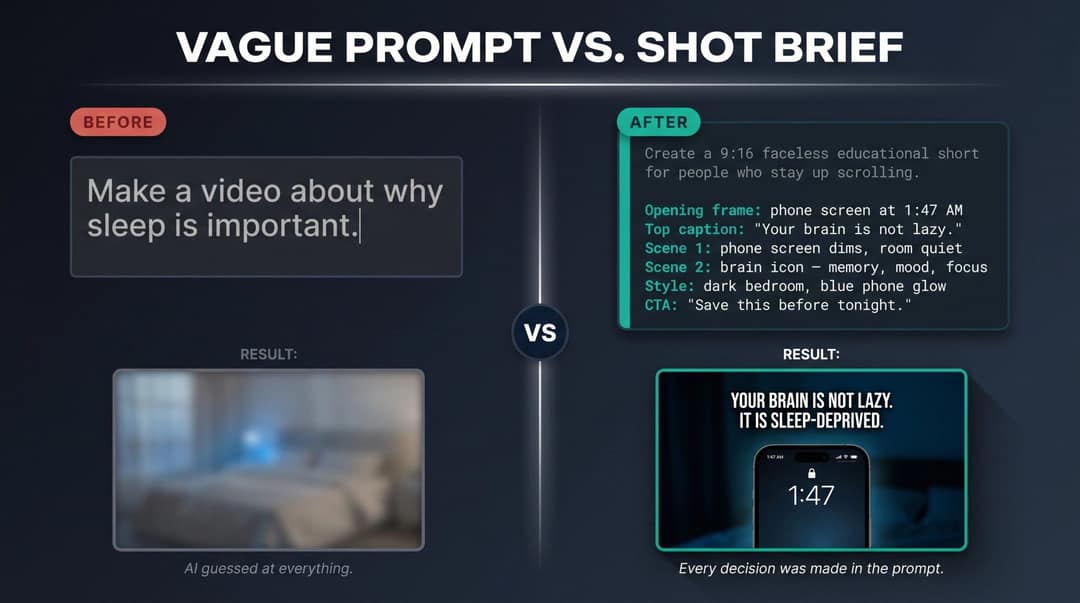 Before and after: 'make a video about why sleep is important' vs a scene-by-scene faceless short brief