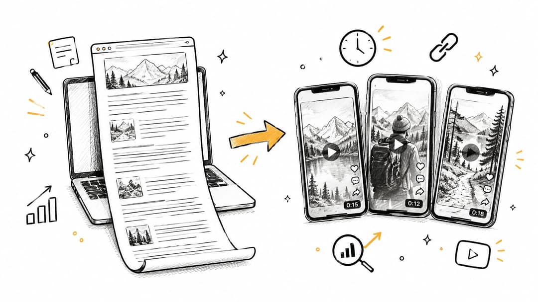 A conceptual illustration showing a long-form article on a laptop screen being repurposed into three short-form video clips.