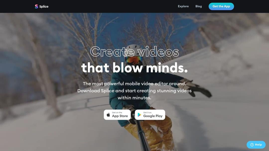 Splice video editor homepage with App Store and Google Play download buttons