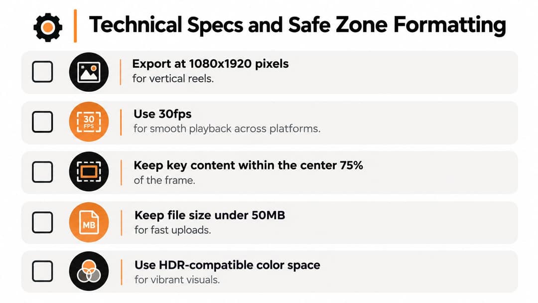 A checklist infographic titled Technical Specs and Safe Zone Formatting outlining five essential guidelines for video editing.