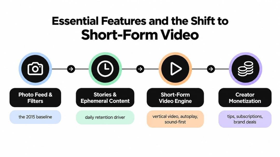 A diagram illustrating the evolution of essential social media features toward a short-form video monetization model.