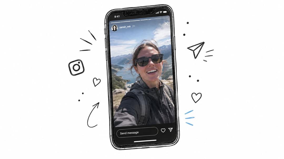 A smartphone screen displaying an Instagram story of a woman smiling while hiking in the mountains.