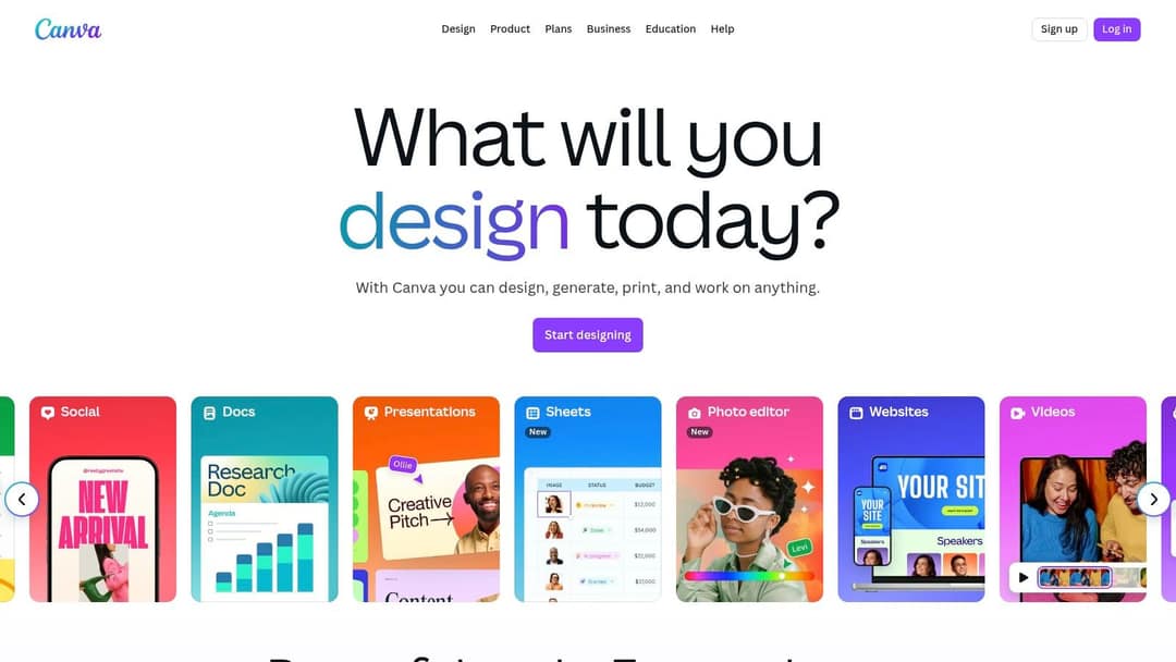 Canva homepage showing design types including Social, Presentations and Videos