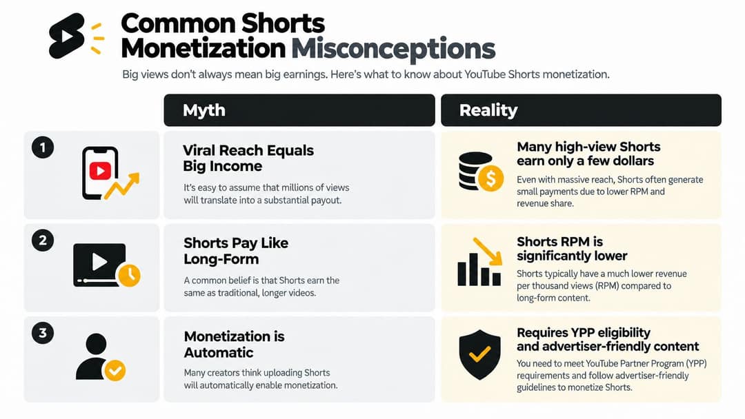 Table of three Shorts monetization myths and realities: viral reach, RPM versus long-form, and automatic monetization