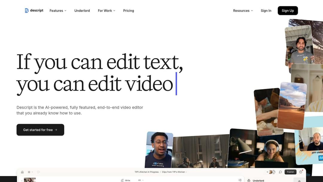 Descript homepage headline reading If you can edit text, you can edit video