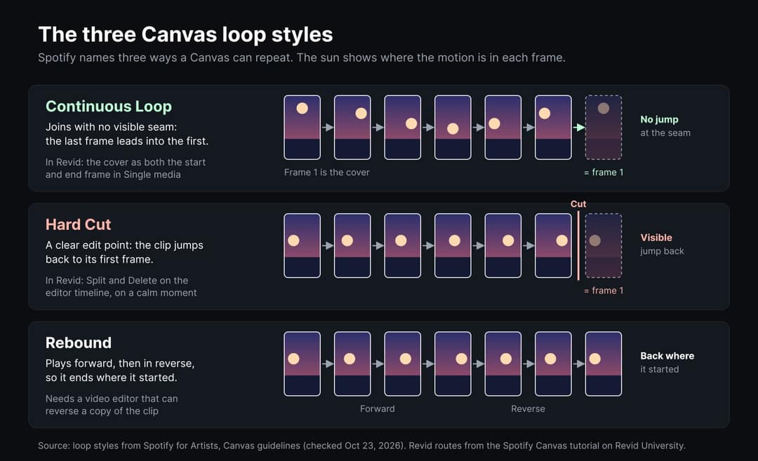 The three Canvas loop styles drawn as strips of frames: Continuous Loop ends on frame 1 with no jump, Hard Cut jumps back to frame 1 at a visible cut, Rebound plays forward then in reverse