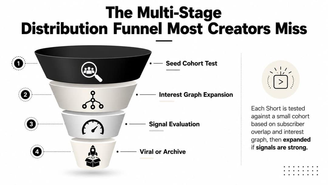 Funnel diagram of four Shorts distribution stages: seed test, interest expansion, signal evaluation, viral or archive