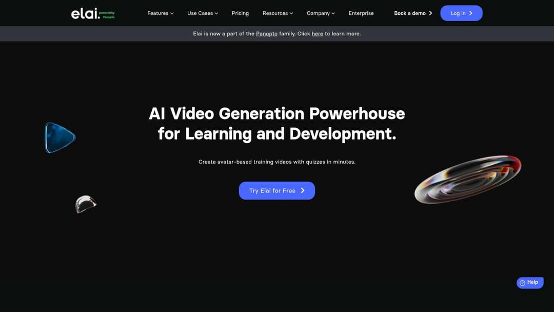 Elai.io homepage pitching avatar-based training videos for learning and development