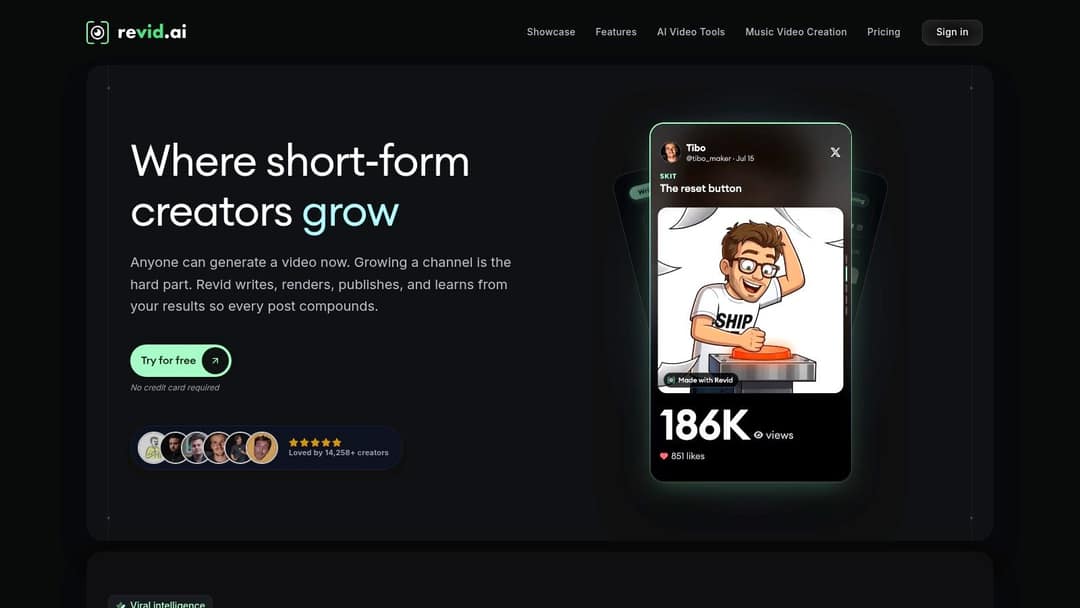 Revid homepage showing the free sign-up button and a sample short-form video card